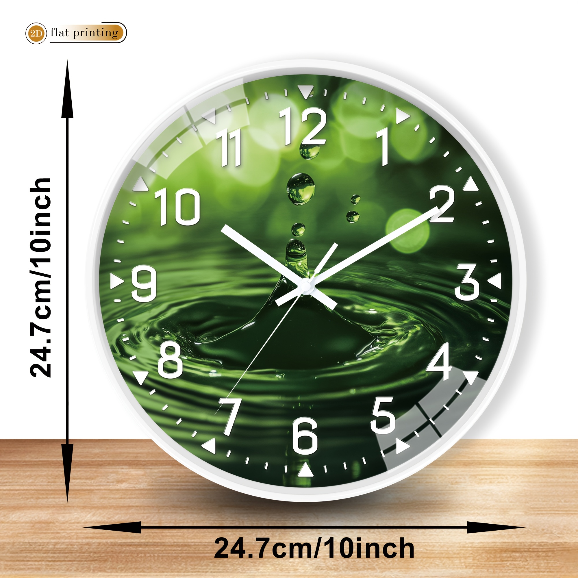 TEMU Modern Light , Water On Green Surface, Plastic Silent Wall Clock- 2d Flat Printing, Suitable For Living Room, Dining Room And Study Decoration,
