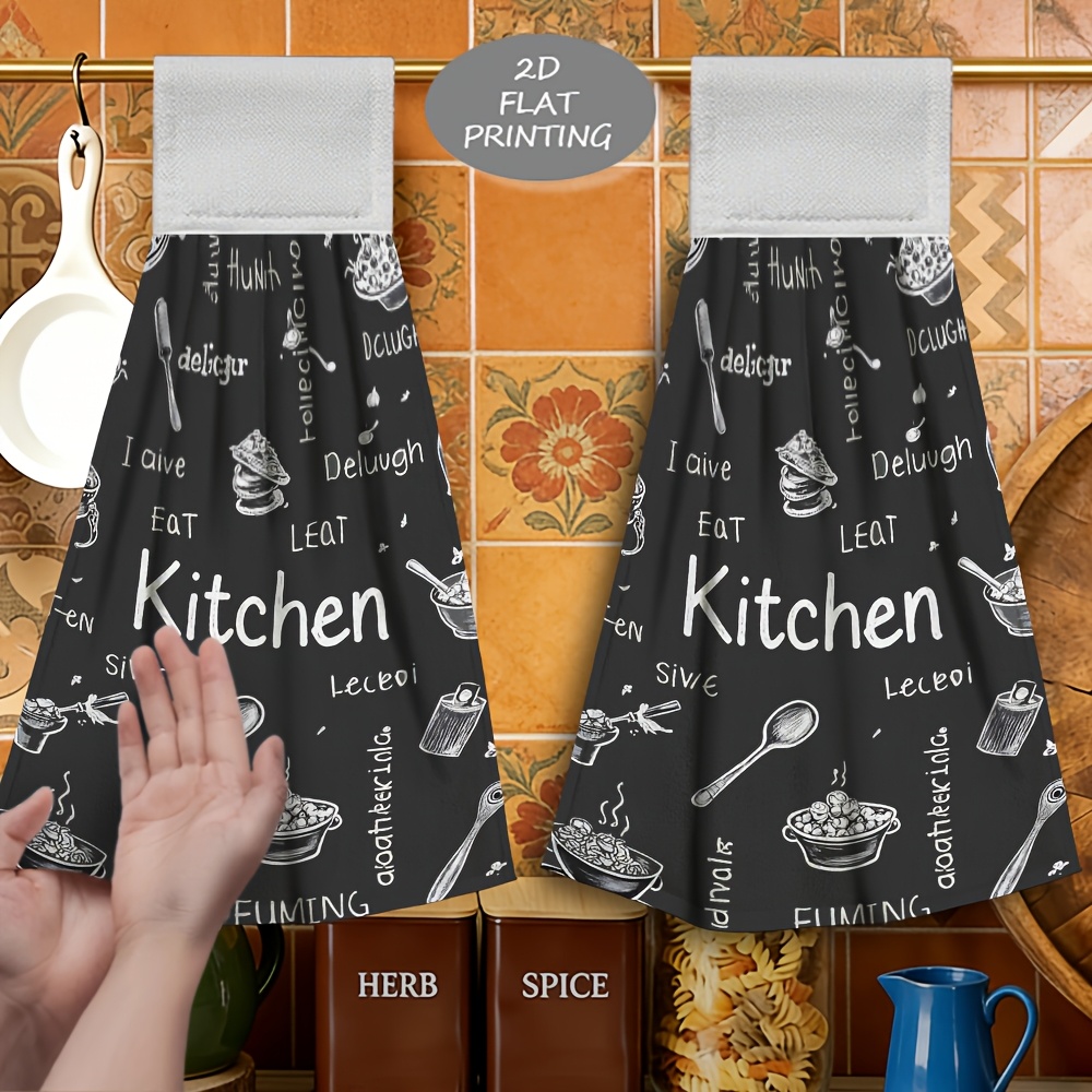 TEMU 2pcs Kitchen Doodle Pattern Print Hanging Hand Towel, Cleaning Hand Towel, Soft Microfiber, Fine , Comfortable And Skin-friendly, Highly