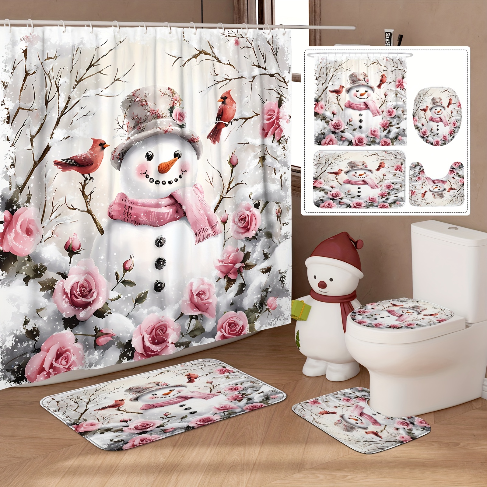 

/4pcs Christmas Snowman Curtain Set Polyester Curtain For Bathroom Or Decor 12 Bath Mat Lid Mat