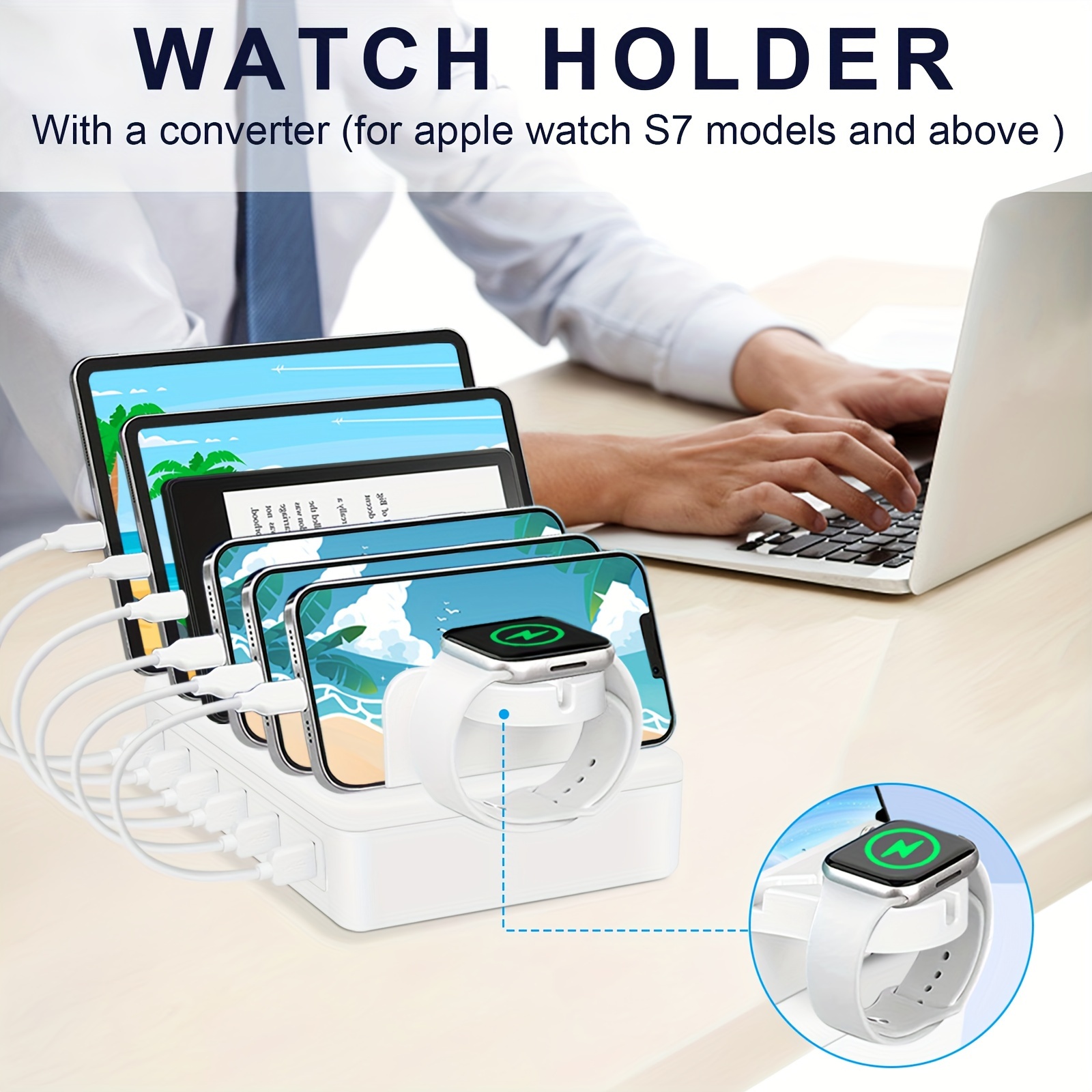 50W 6-Port USB Fast Charging Station with 10-Slot Organizer, Detachable Dividers, and Watch Holder for Phones, Tablets, and Kindles