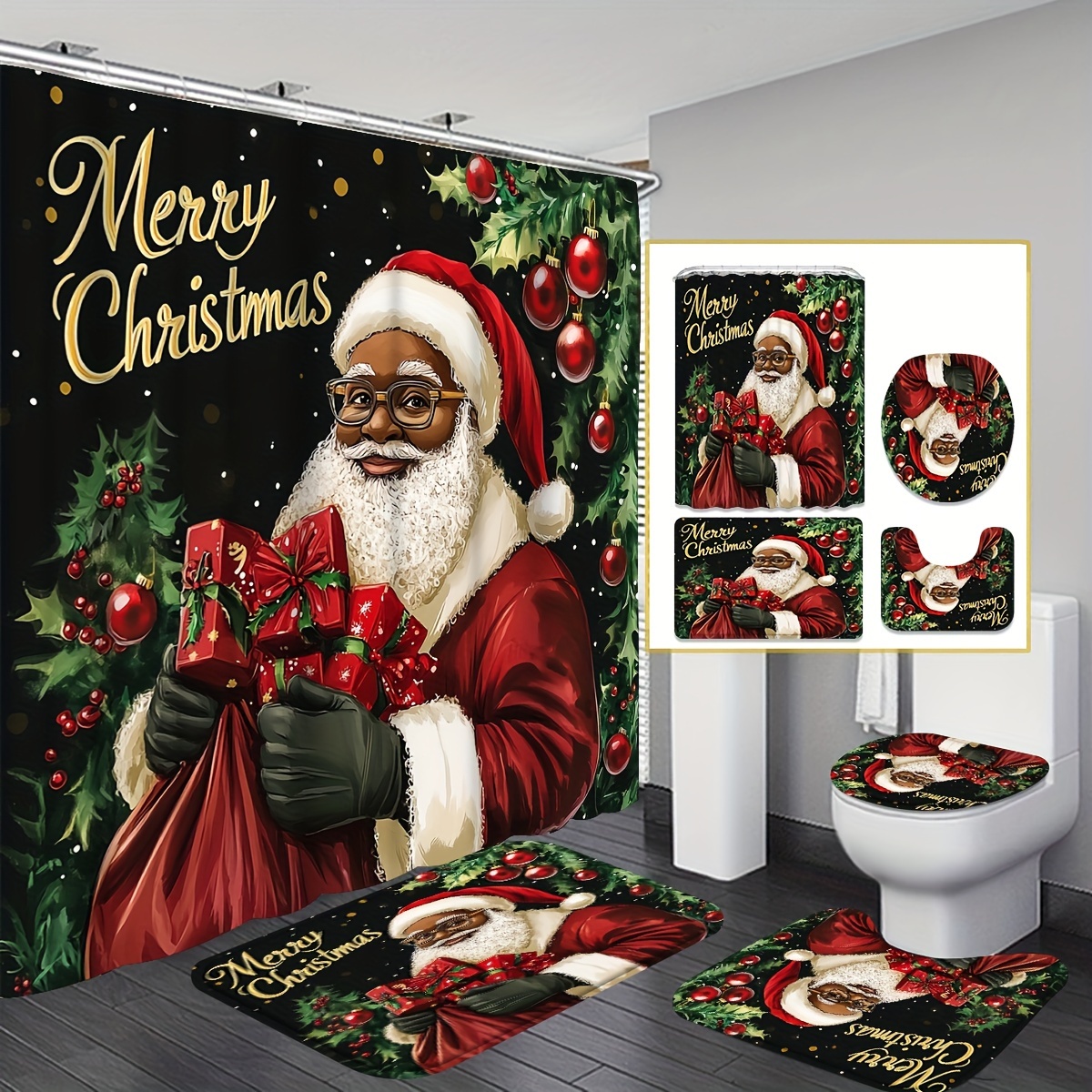 TEMU 2d Flat, 2d Flat, 4pcs 2d Flat Printed Shower Curtain Set, Including Shower Curtain, U-shaped, And Toilet Seat Cover. Santa Claus Shower Curtain