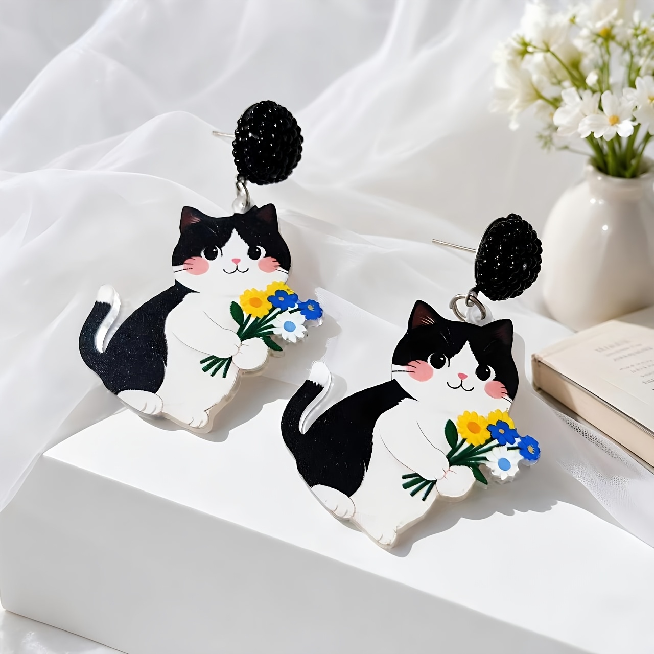 TEMU 1 Pair Handmade Rice Pearl Cute Handheld Black And White Cat Acrylic Women's Earrings | This Is An Ear Jewelry That Can Add Fun And Sweet