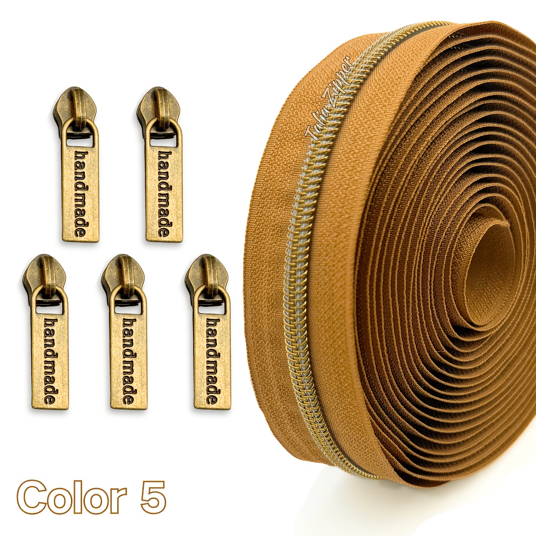 TEMU Fermeture éclair en nylon à dents bronze de 5 yards, différentes couleurs, avec 5 pièces de tirette « », convient pour sac, poche, vêtement,