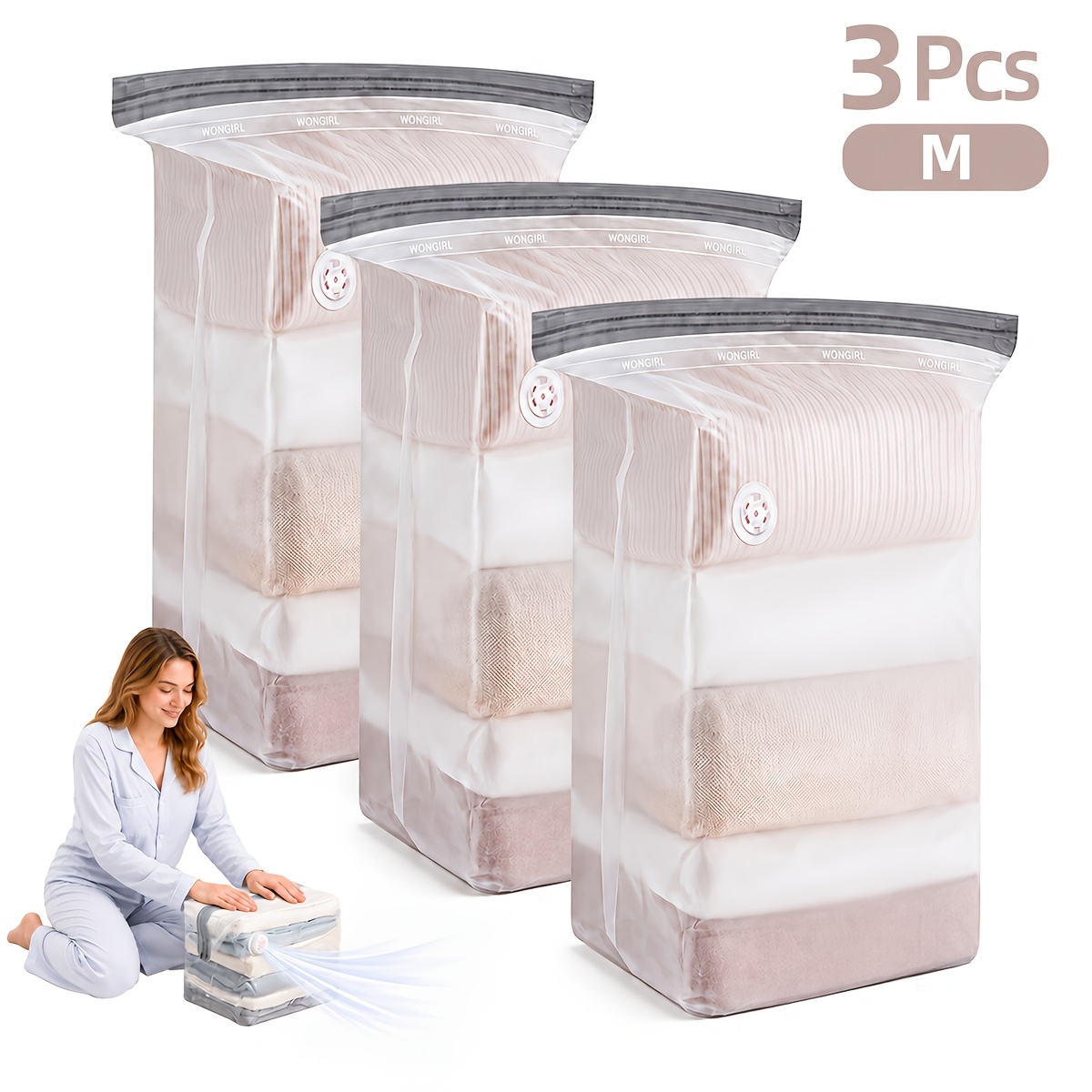 TEMU 3pcs Pump-free Compression Storage Bags, Reusable No-vacuum Space Saver Bags For Clothes, Comforters, Quilts & Bedding, Press-to-compress Travel