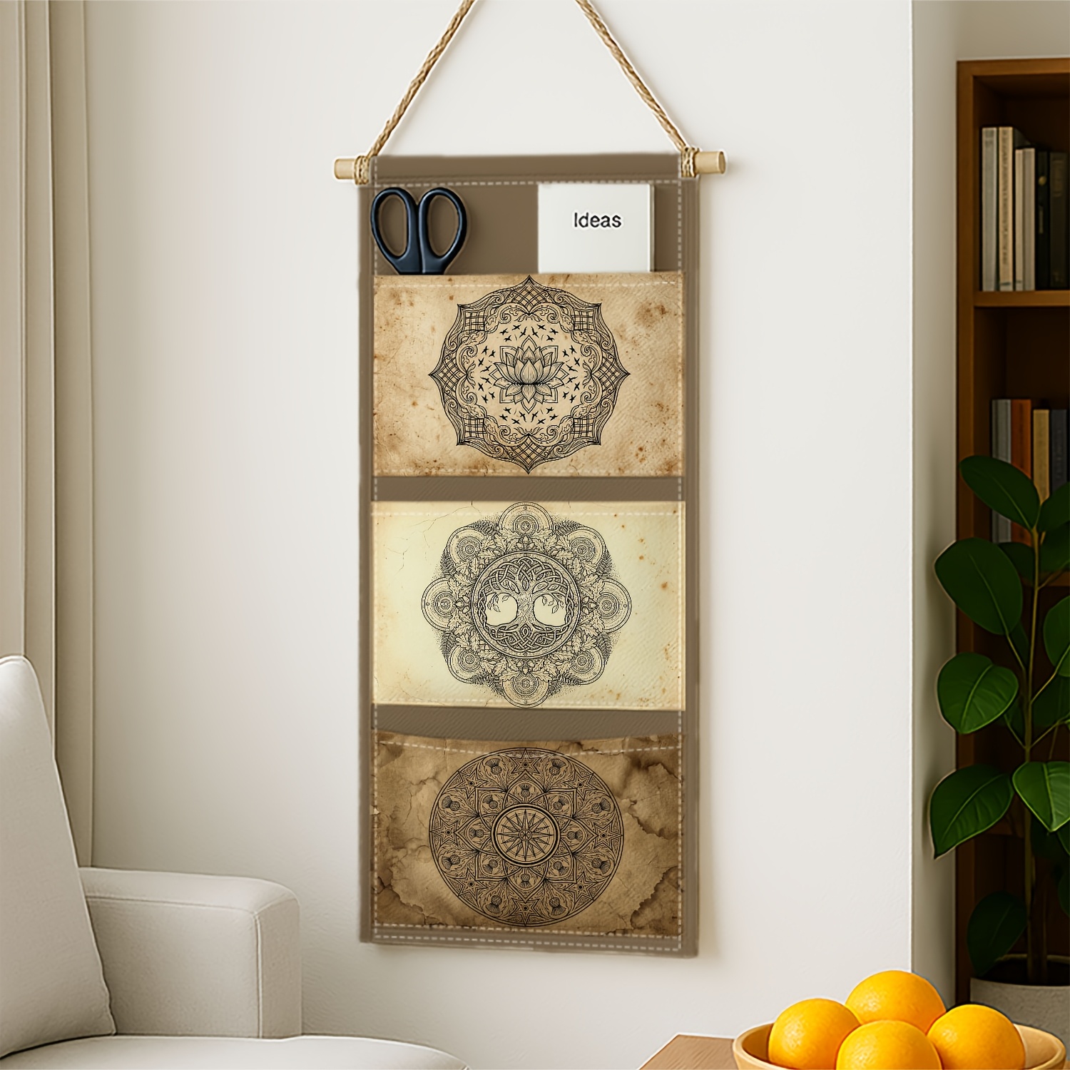 TEMU Borsa portaoggetti da parete a mandala da 1 pezzo per comodino, design marrone adatta per appesa dietro , borsa portaoggetti sospesa a 3 per ,