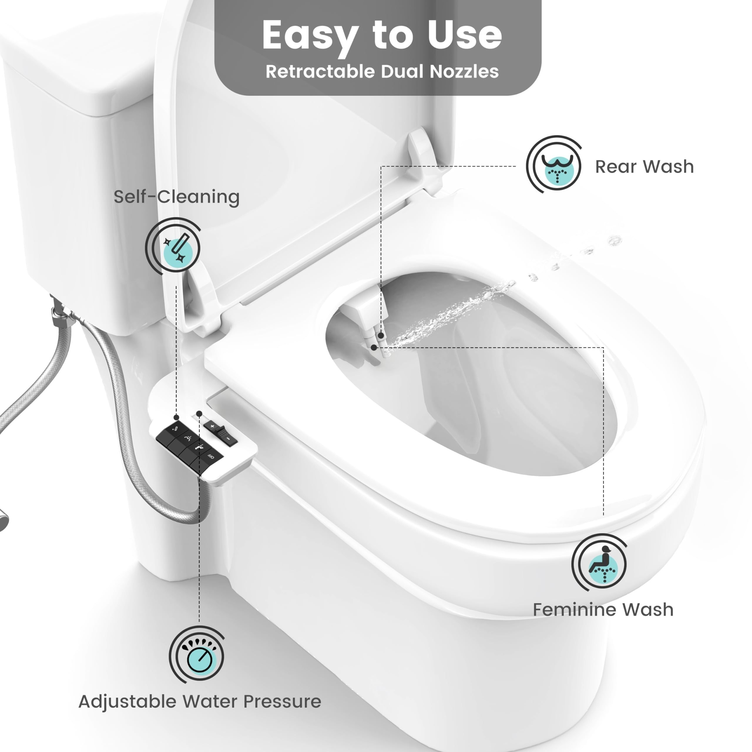 

Bidet Attachment For Toilet Unique Dual Retractable Nozzles Badays For Toilets Seat, Non-electric Self-cleaning Sprayer, Adjustable Water Pressure Bidets For Toilets