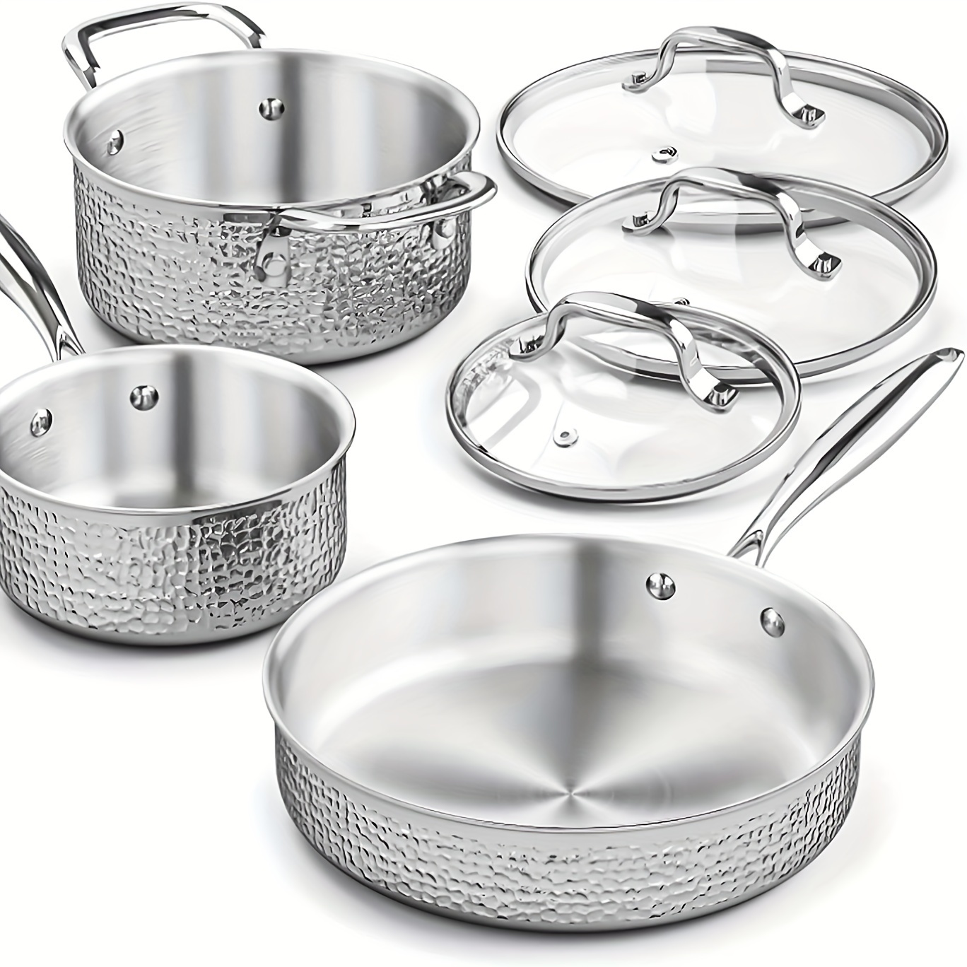 

Stainless Steel Pot Set With Glass Lid, 6pcs Hammer Pattern Pot Set, Kitchen Induction Cooker Cooking Pot Set, Suitable For All , Used In Oven And Dishwasher, Non-toxic Silvery