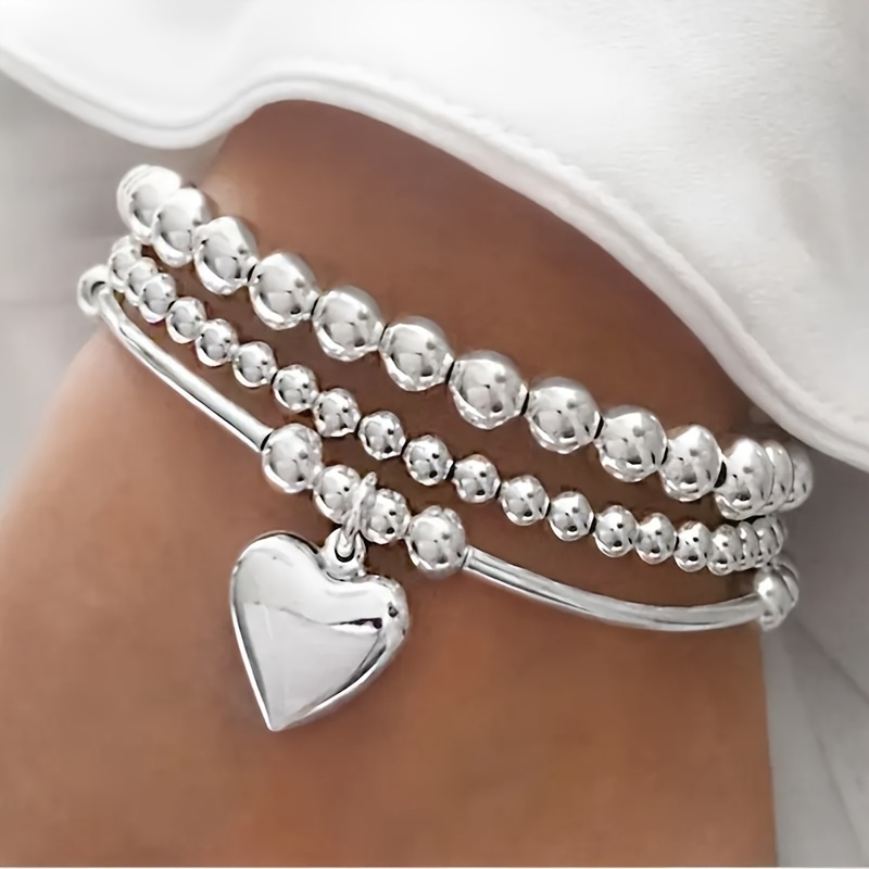 TEMU Set Of 3 Retro Bead Love Heart Bracelet Sets, With A Touch Of And Bohemian Style, Perfect For Vacation, Date, Gift For Christmas, Halloween, Valentine's Day, New Year
