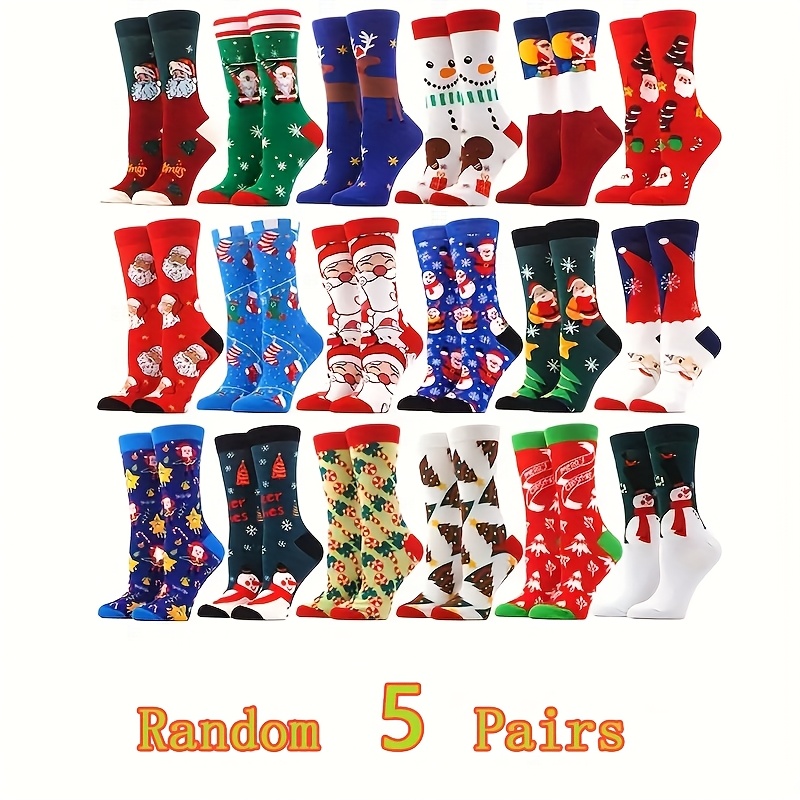 TEMU Random 5/10 Pairs Christmas Mid-calf Socks - Festive Santa, Reindeer Tree & Snowflake Patterns | Comfortable Polyester Blend Fabric For Cozy And