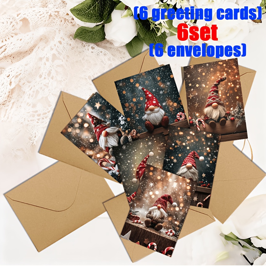 TEMU 12pcs Winter Greeting Cards With Envelopes - Fun Gnomes, Santa Hats, Snowflake Designs | Blank Interiors | Suitable For Holidays, Weddings,