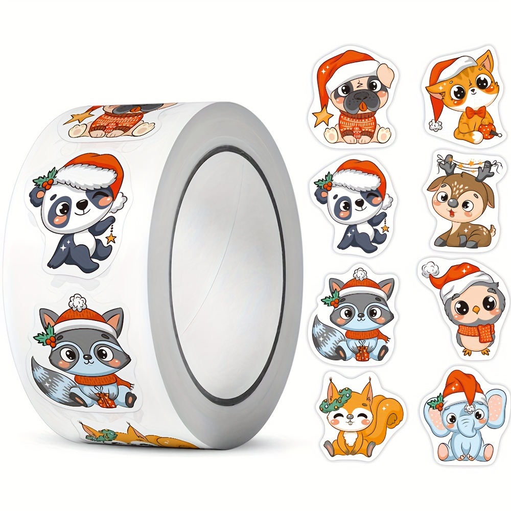 

500-piece Animal-themed Christmas Adhesive Labels Roll - Festive Paper Decals For Gift Wrapping, Candy Bags, And Holiday Packaging Decoration