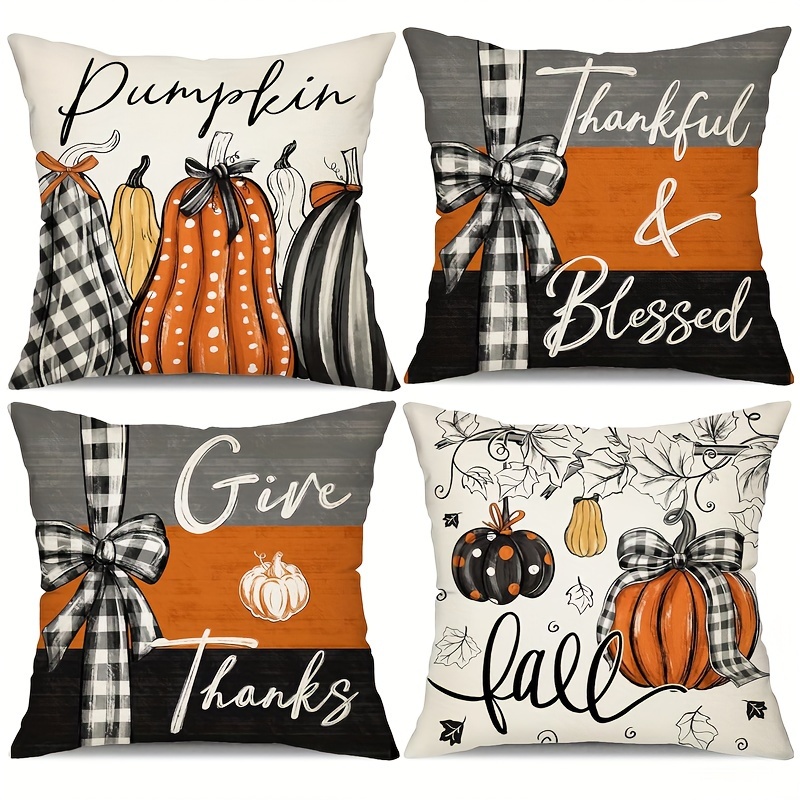 

2023 Decor - 4pcs Set Of 18x18 Inch Fall Pillow Covers With Pumpkin & Maple Leaf Design, Stripes, Thanksgiving And Home Sofa Decor, , Zip Closure, Machine Washable