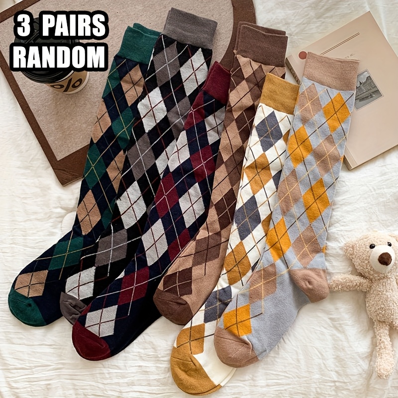 TEMU Random 3-pair Pack Of Women's Calf Socks, British Vintage Rhombus Pattern Ethnic Style Academic Elegant Trendy Fashion Long Socks, Thin