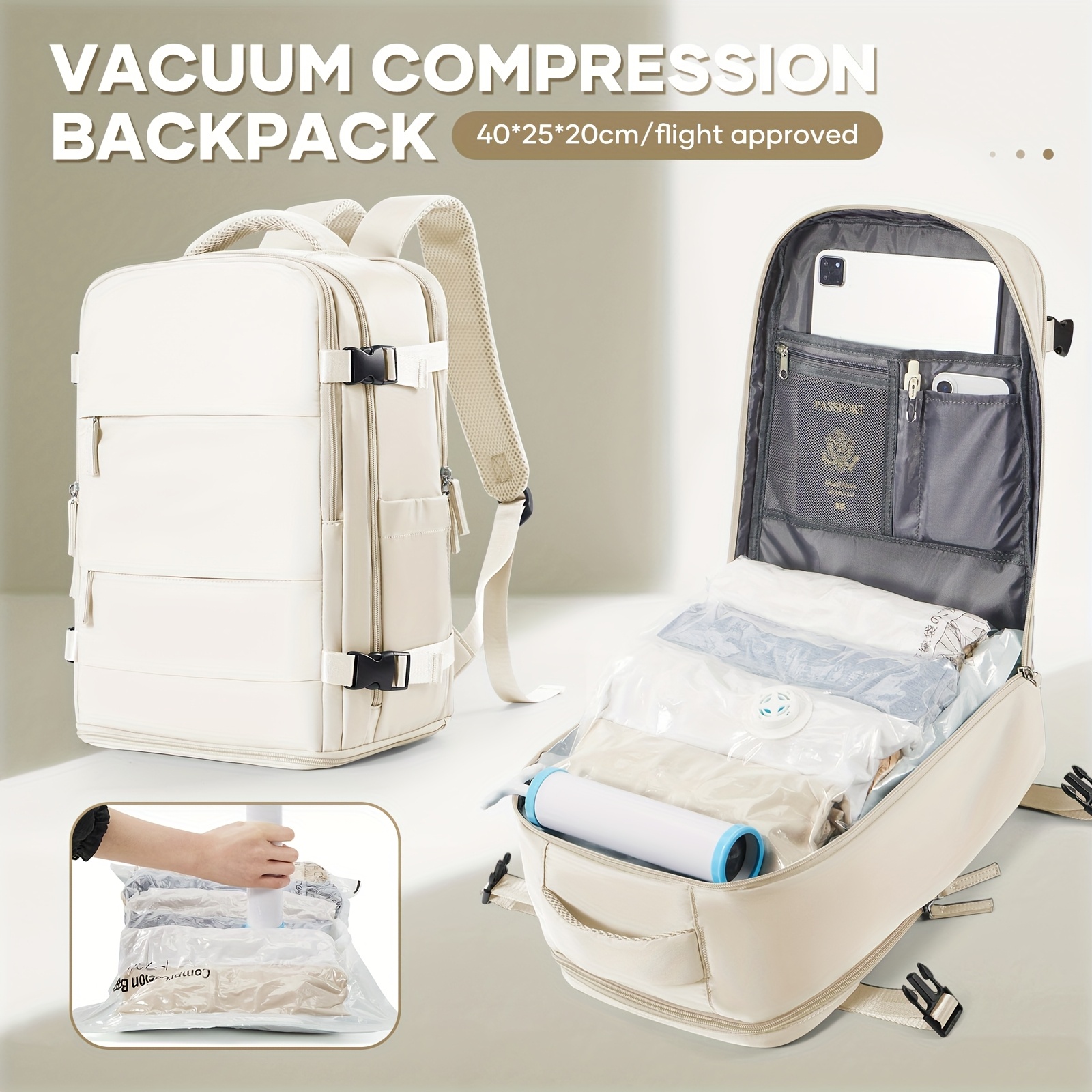 Bolso de Duffel para viaje, bolso de luggage 40*25*20, aprobado para vuelos, multifuncional, bolso de espalda para mujeres, bolso de compresión al vacuum con pulverizador al vacuum, artifato libre, reducción de espacio al 50%, combinación con esentiales para viaje familiar - Imagen 11