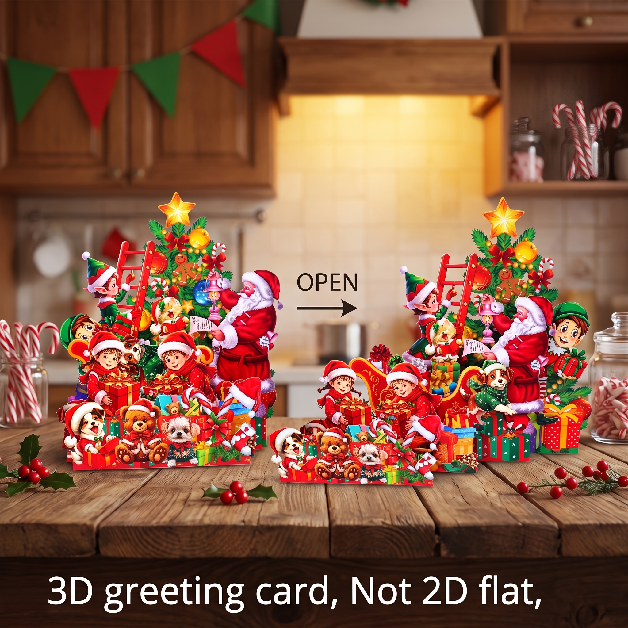 TEMU 3d Pop-up Santa Claus Elf Christmas Tree Greeting Card With Envelope, Vibrant Festive Scene Featuring Santa, , Dogs, Cats, , Gift Boxes, And