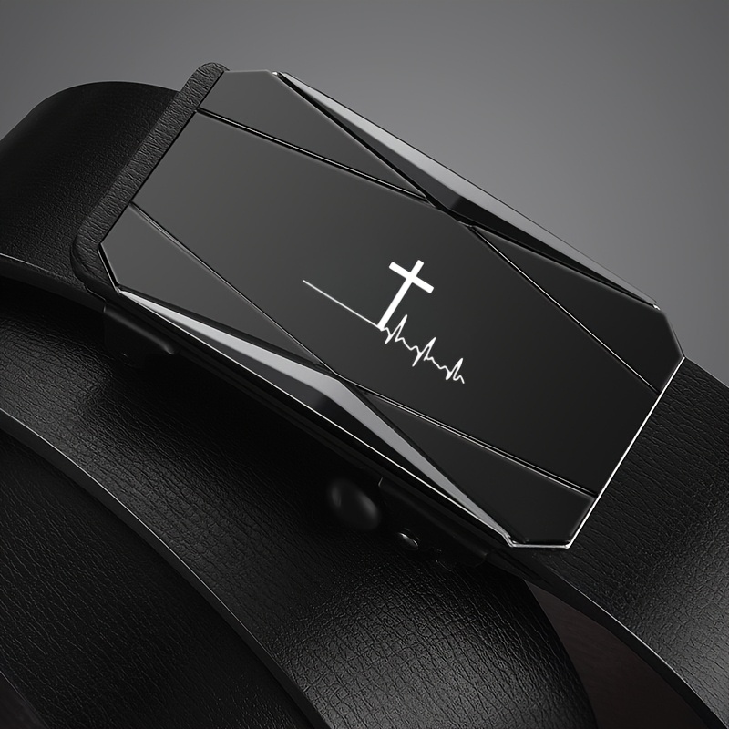 Men's Cross Pattern Faux Leather Belt with Automatic Buckle