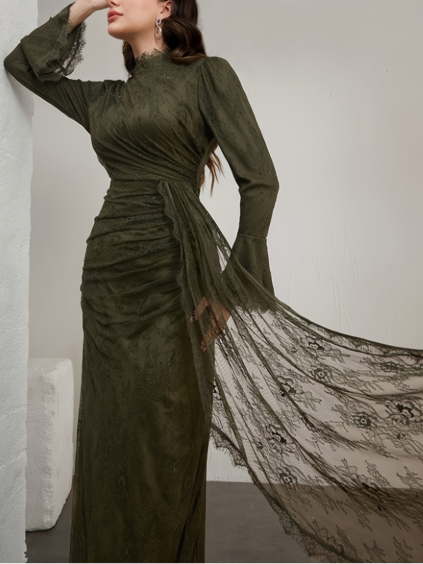 elegant long sleeve lace dress with ruffle neckline and belted waist stand collar long length suitable for     Product details 18
