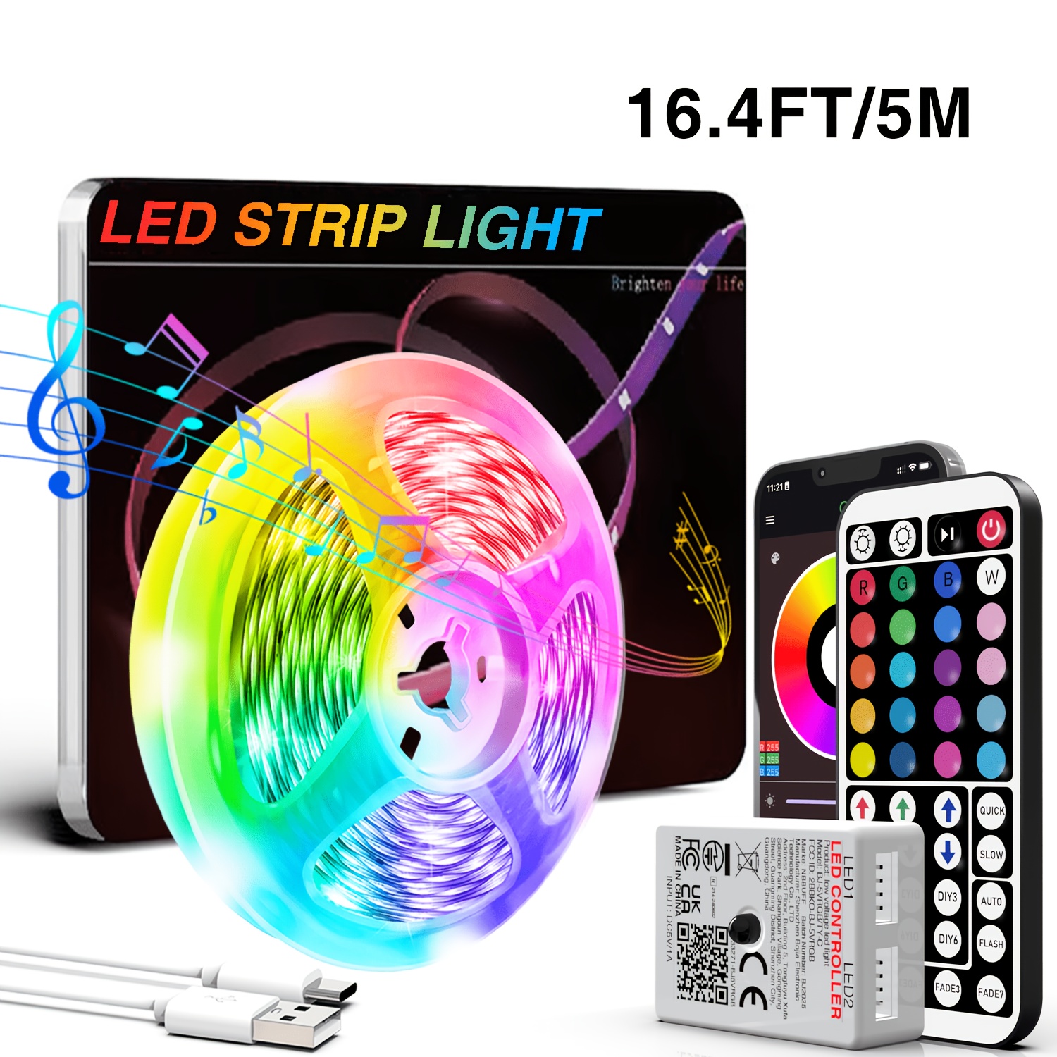 TEMU Bande Lumineuse RGB 16.4-98.4ft, Lumière LED Intelligente, Synchronisation , , Minuteur, Application + Télécommande, Alimentation USB, Pour
