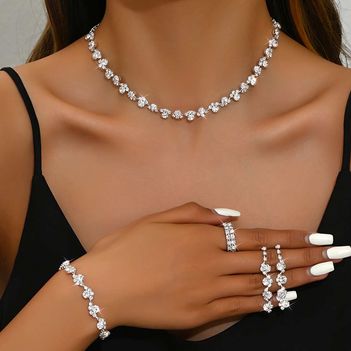 Image of Rhinestone Bridal Wedding Jewelry Set Choker Necklaces Earrings Bracelet And Elastic Ring Sets Prom Jewelry For Women And Brides