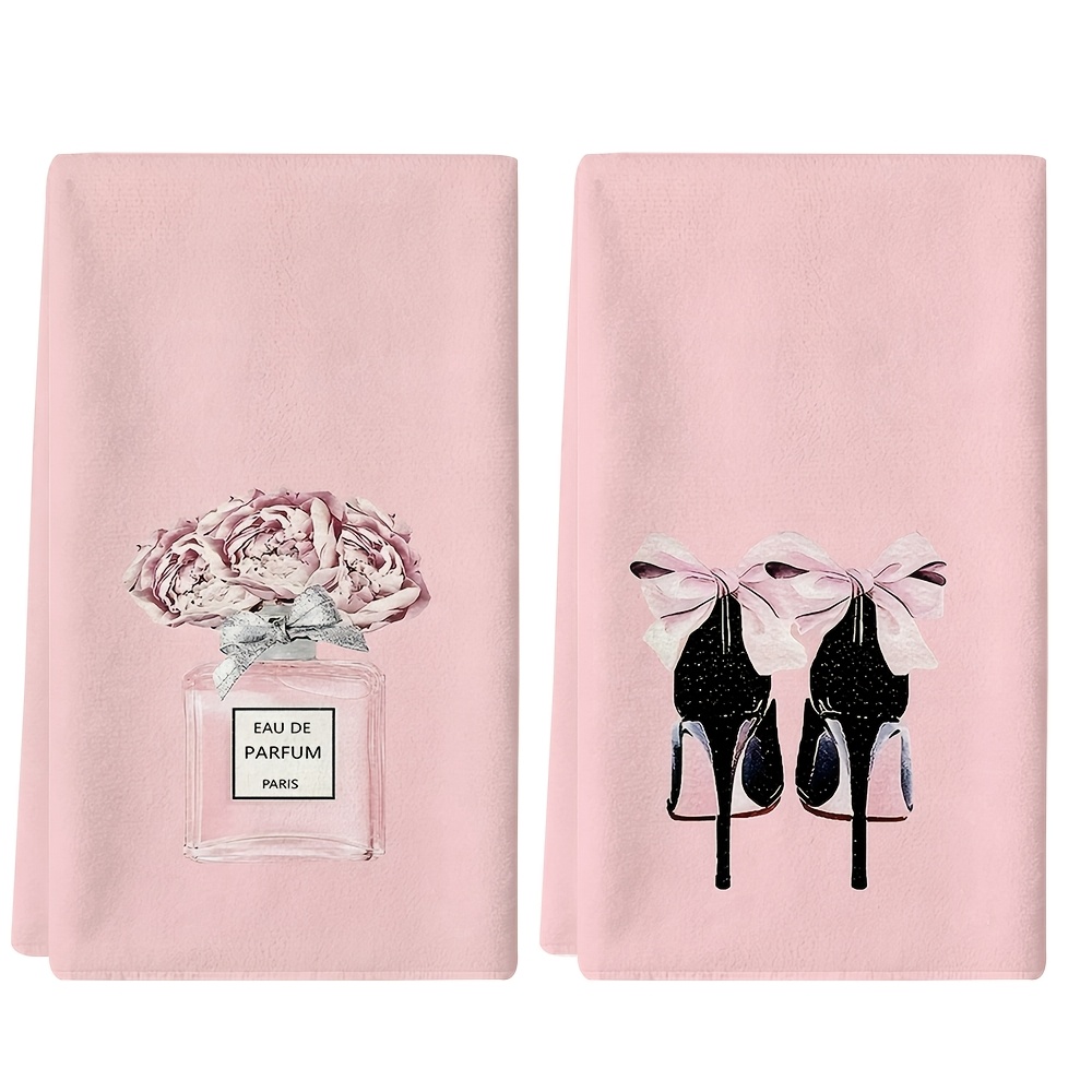 TEMU 2d Flat Printing, 2pcs, Pink And Black Printed Kitchen Towels, Elegant Floral And , Modern Kitchen Cleaning Decor, Machine Washable, Comfortable