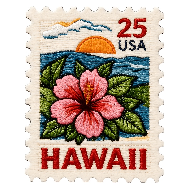 TEMU 1pc Tropical Flower Embroidery Patch, Vintage Postage Style Floral Applique, Ocean Sunset Botanical Badge, Iron On Or Sew On Patch For Jacket