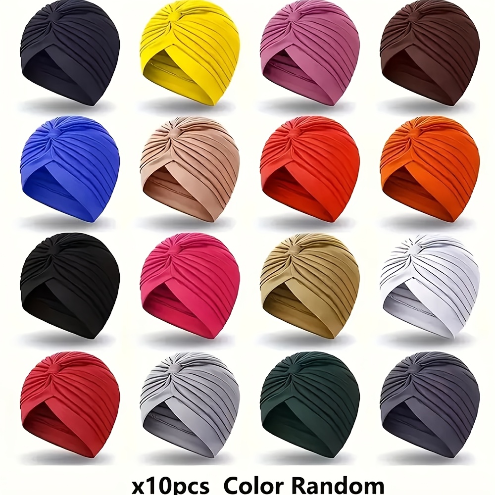 10pcs womens soft breathable pleated turban hat caps lightweight elastic headwear assorted colors black red blue   black   purple versatile headgear stylish turban lightweight hat headban random