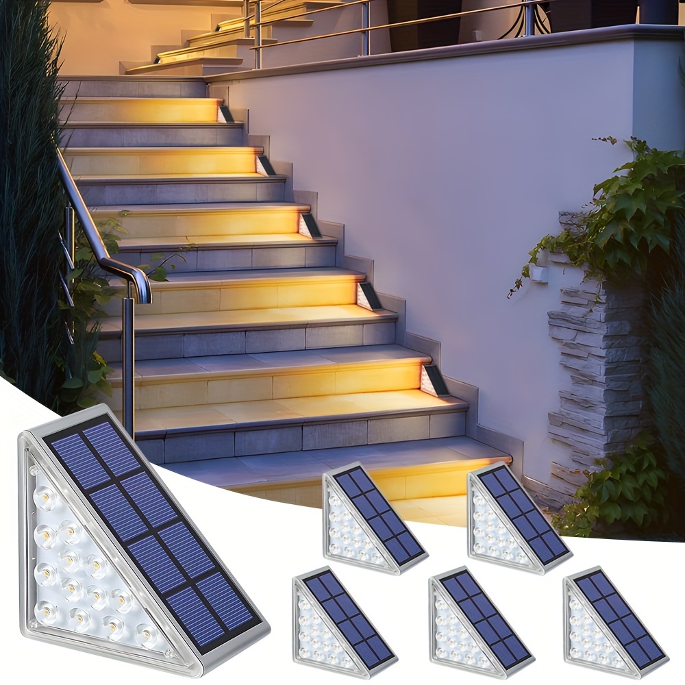 2 6pcs solar step lights warm white triangle solar deck lights waterproof auto on off decoration lights for stair patio yard driveway porch front door sidewalk