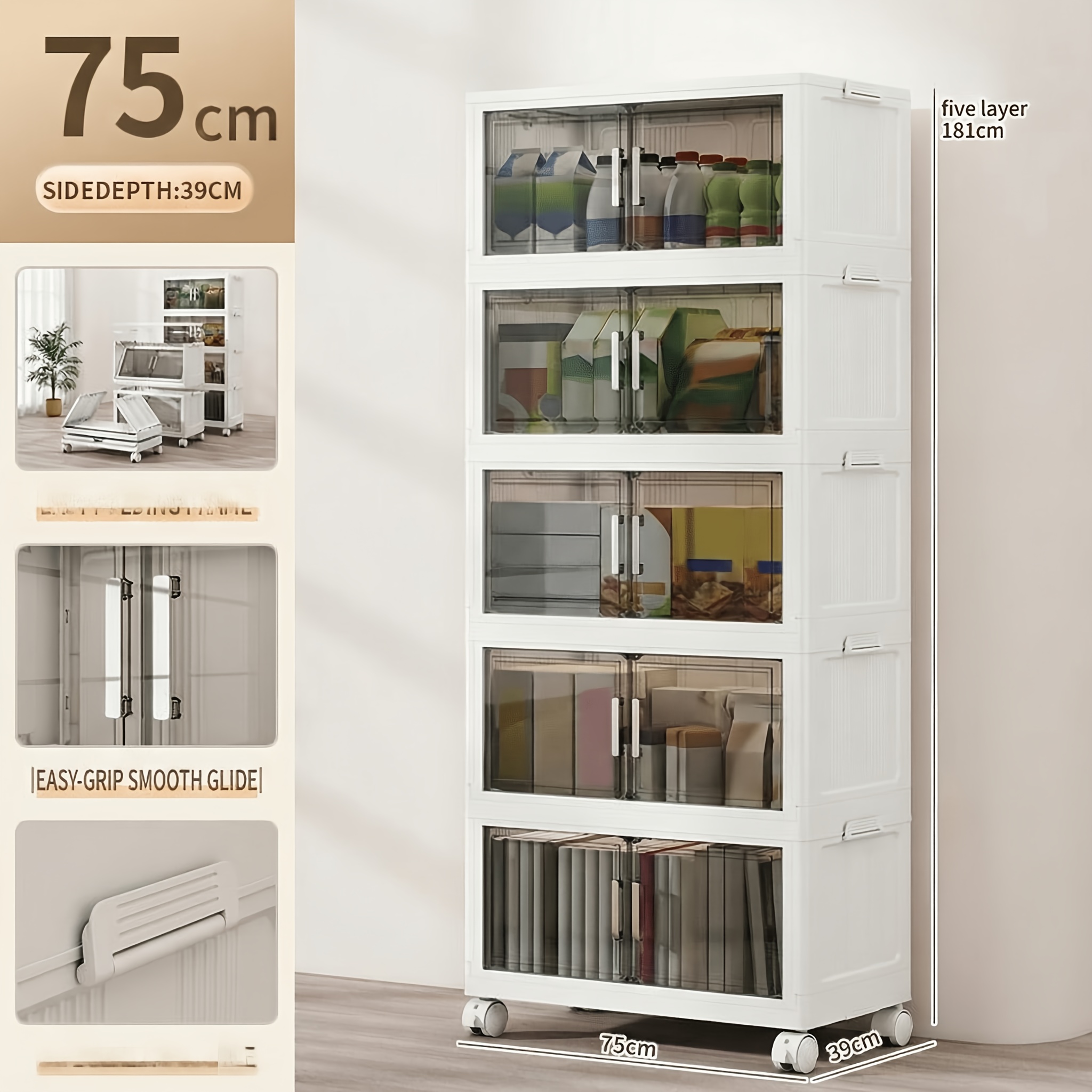 75cm Extra Large Foldable Storage Cabinet With Wheels, 3 4 5 Tier Stackable Plastic Bins With Lids, Collapsible Organizer For Bedroom Living Room Office Or Kitchen, Easy To Move And Space Design