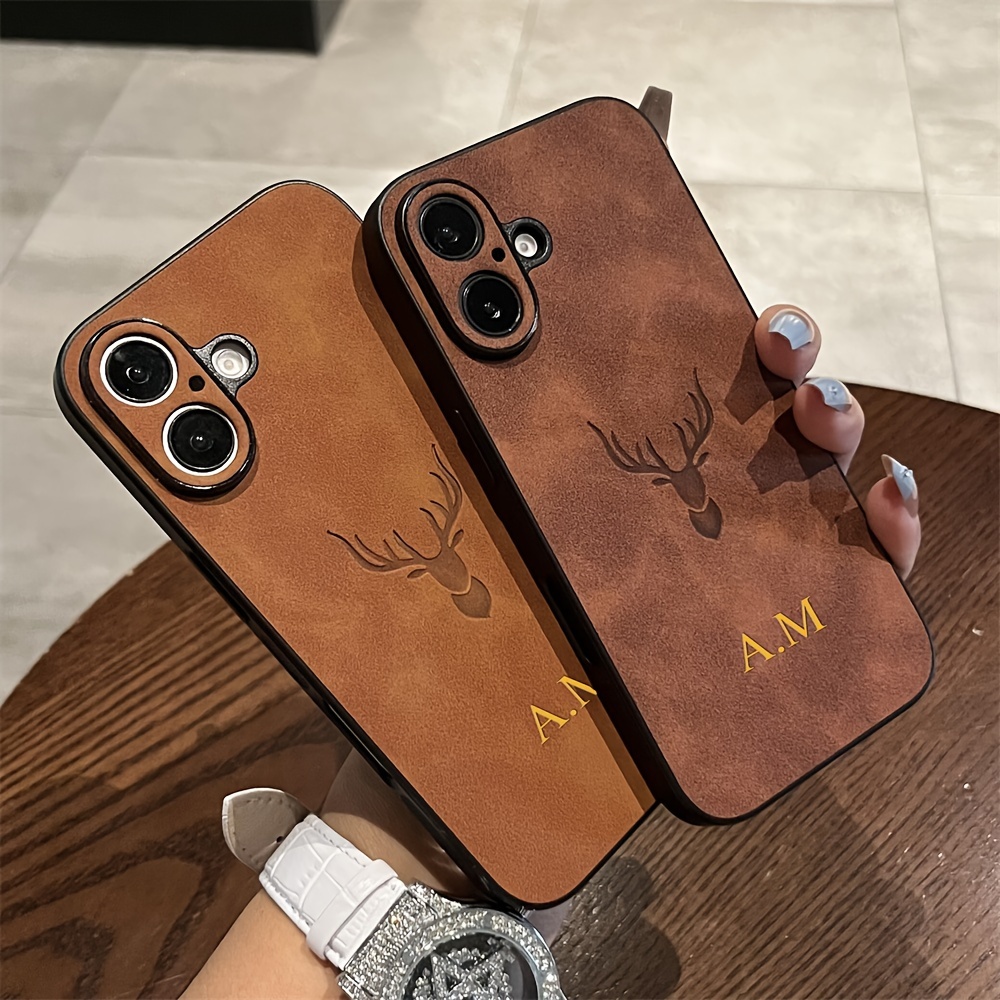 

Luxury Personalized Custom Name Faux Leather Deer Pattern Case For 15 14 11 Pro Max Protective Back Cover