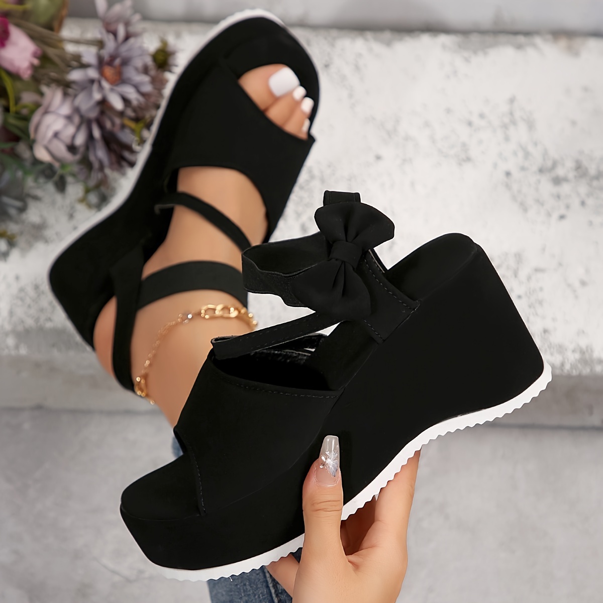 Sandalias de plataforma negras con estilo de vacaciones, cuña con punta  correa al tobillo, sin cordones, zapatos cómodos de vera