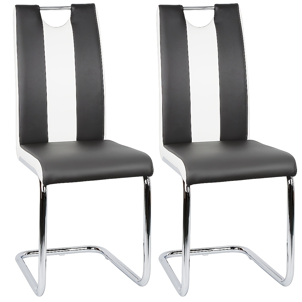 Image of Set Of 2 Modern Dining Chairs, Faux Leather Upholstered Kitchen Chairs With Chrome Legs, 4 Color Options Black-white/beige-white/light Grey-white/dark Grey-white, Living Room Side Chairs
