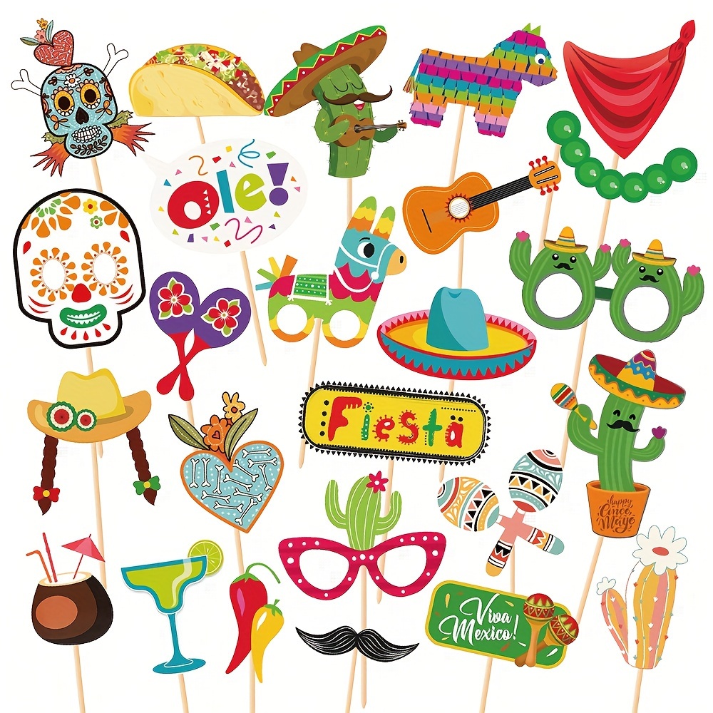 

25pcs Mexican Fiesta Photo Booth Props With Adhesive Pads, Ticks, Cinco De Mayo Photo Booth Props, Taco Party Decorations Kit, Colorful Selfie Party Supplies Original Fiesta Designs
