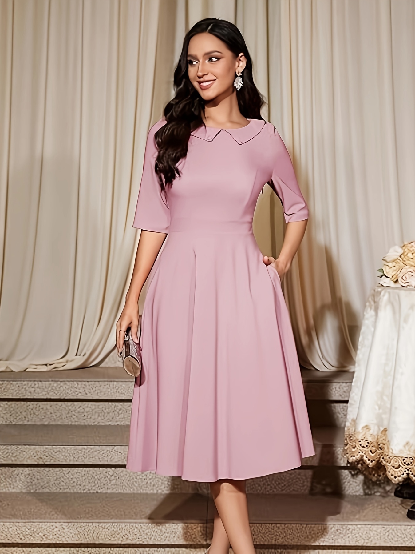 casual cut out dress Merletto Maxi Women's Color:Red Brown and wrinkle resistance Modest Chic Long sleeve wedding dress