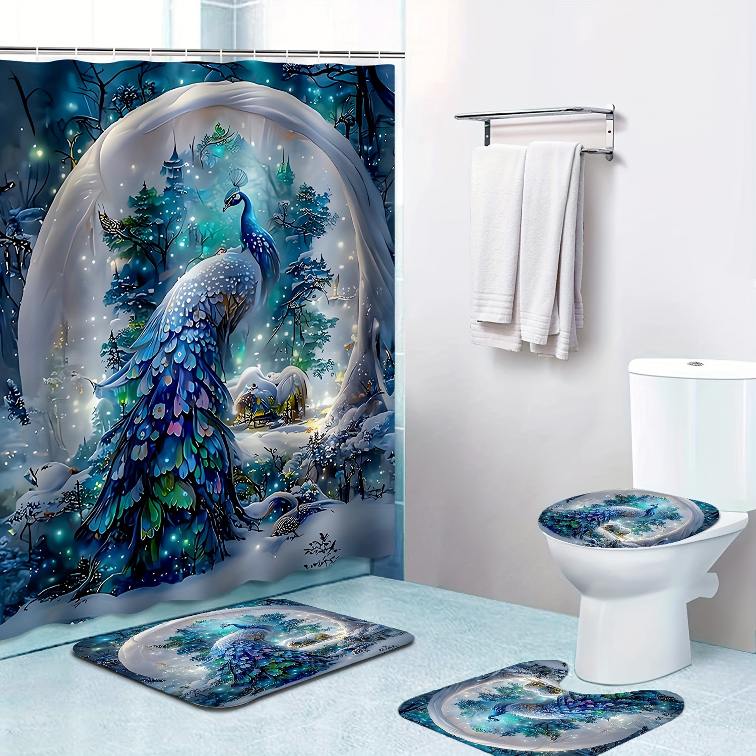 

1/4pcs Peacock Pattern Shower Set, Waterproof Shower With Hooks, Non-slip Bathroom Rug, Toilet U-shape Mat, Toilet Lid Cover Pad, Bathroom Decor