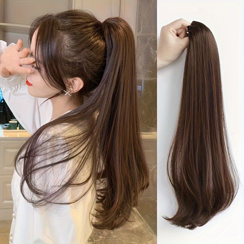 TEMU Clip Ponytail 20 Inch Ponytail Extension Claw Style Synthetic Extension Straight Hair Bunch Hair Female Ponytail Wig