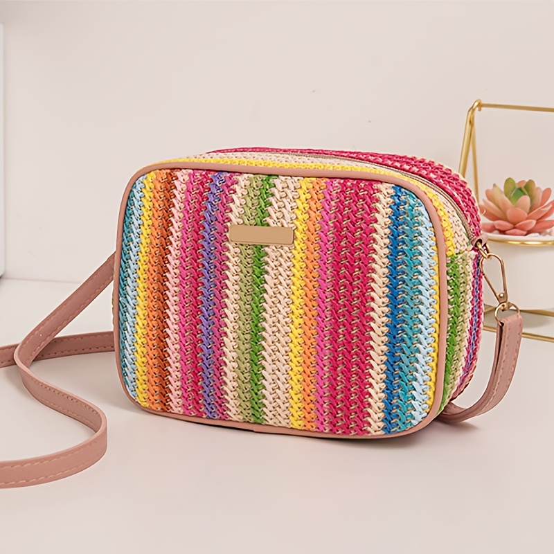 

Vibrant Rainbow Striped Straw Crossbody Bag - Trendy Square Purse With Zipper Closure And Polyester , Use,