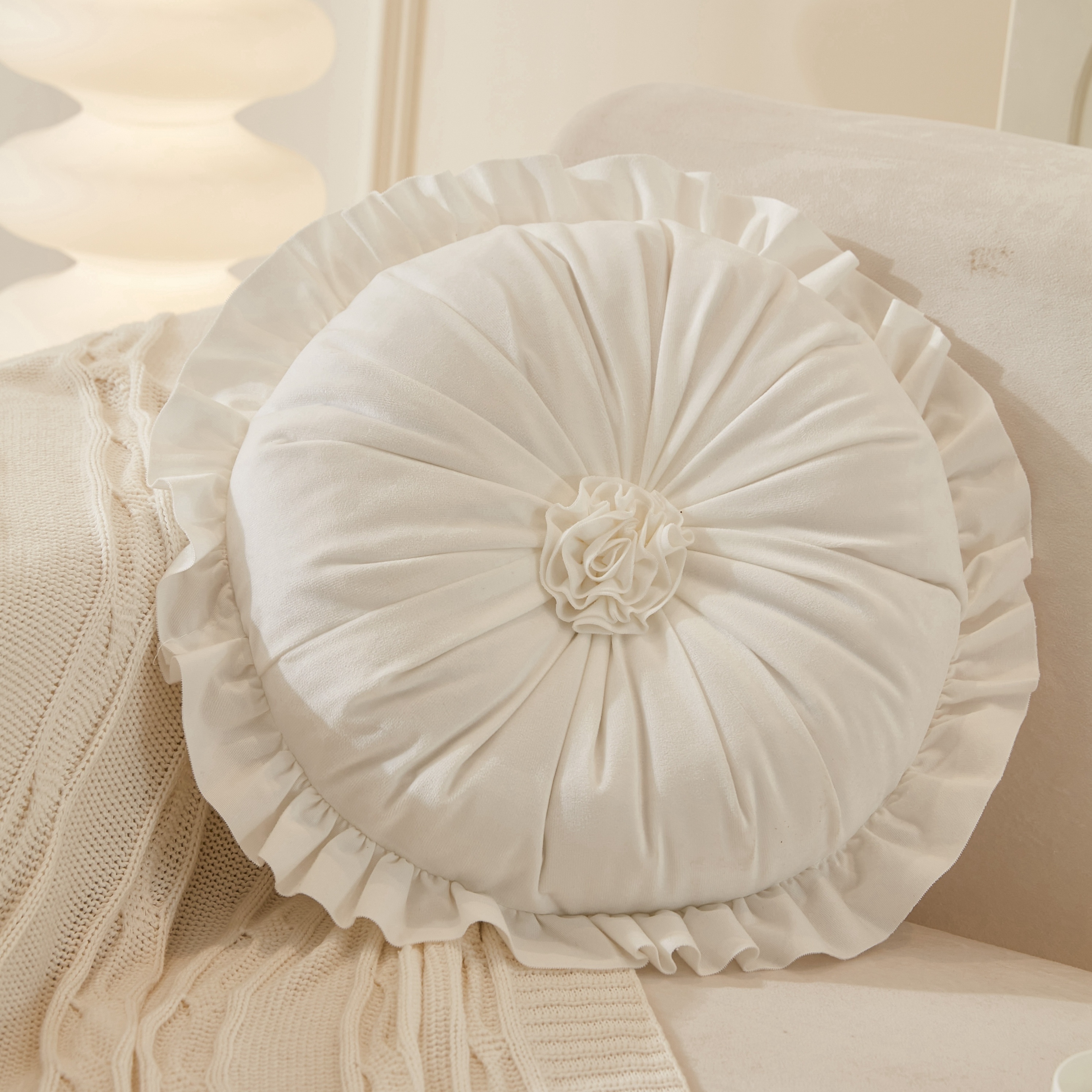 Image of Round Velvet Ruffle Flower Pillow Velvet Pumpkin Pillow Wheel Pillow Round Pillow Lace Pillow Cushion Bedroom Living Room Optional