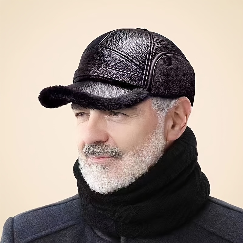 TEMU Street Style Men's Winter   With Ear Warmers, Faux Leather Earflap Hat For Elderly, Warm Duckbill   For Cold Weather