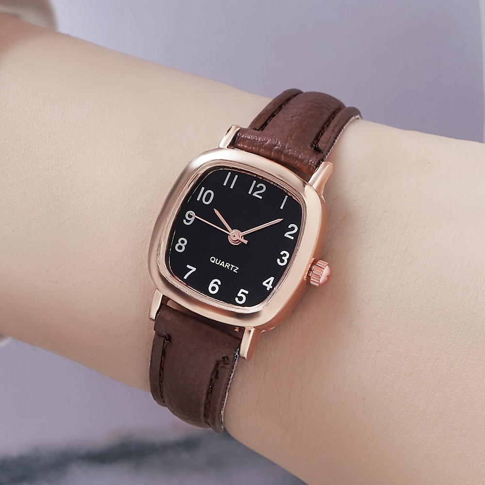 Women's PU Leather Wristwatch with Brown or Black Strap - Minimalist Analog Quartz Watch with Golden-Tone Hands & Large Face, Elegant Square Bezel, Black Dial & Golden Hands, Comfortable Everyday Casual & Formal Timepiece, Durable Quartz Movement, Stylish Women's Watch for Casual Attire, Hand Watch for Women, Bling Watch, Watch with Bracelet for Women, Bracelet Watch for Women, Vintage Watch for Women
