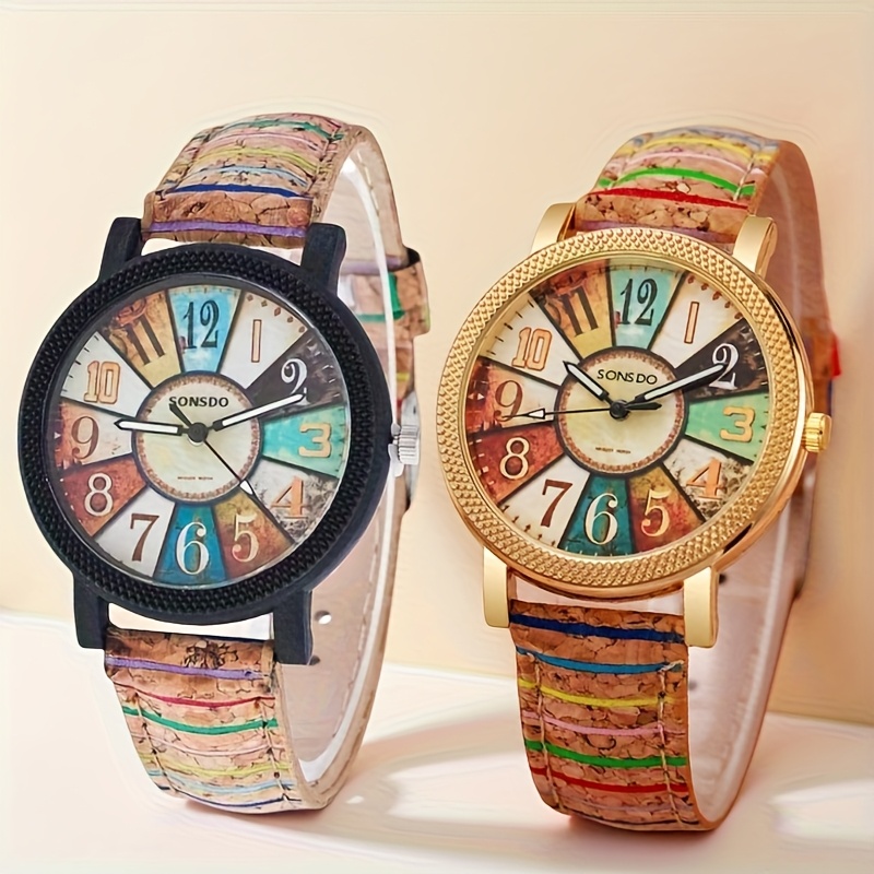TEMU 2pcs Vintage Bohemian Style Colorful Striped Faux Leather Material Quartz Watches, Elegant Women's Casual Fashion Watches