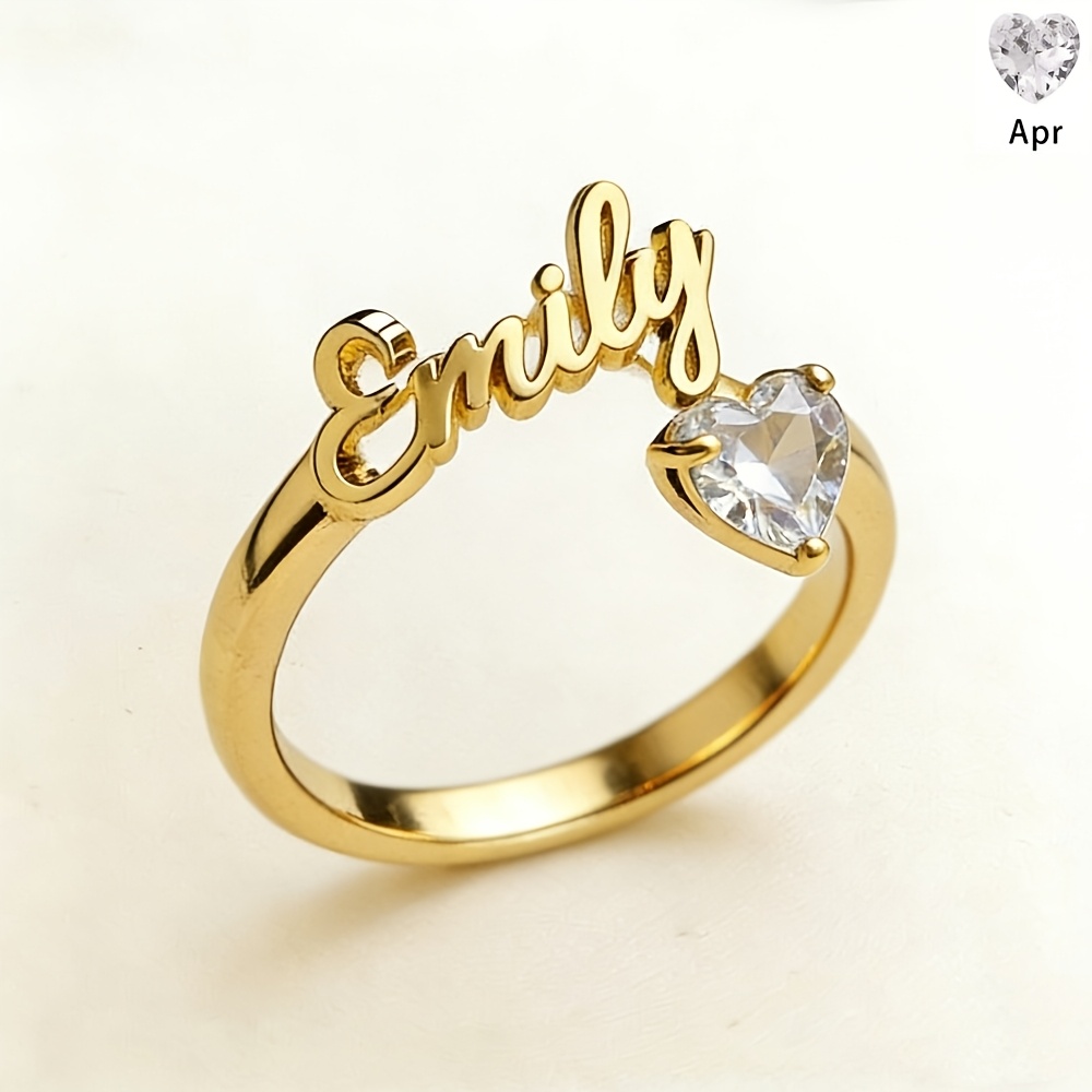 TEMU Custom Birthstone Golden Name Ring, Personalized Heart Birthstone Ring, Stainless Steel Elegant Nameplate , Best Birthday Gift, Birthstone