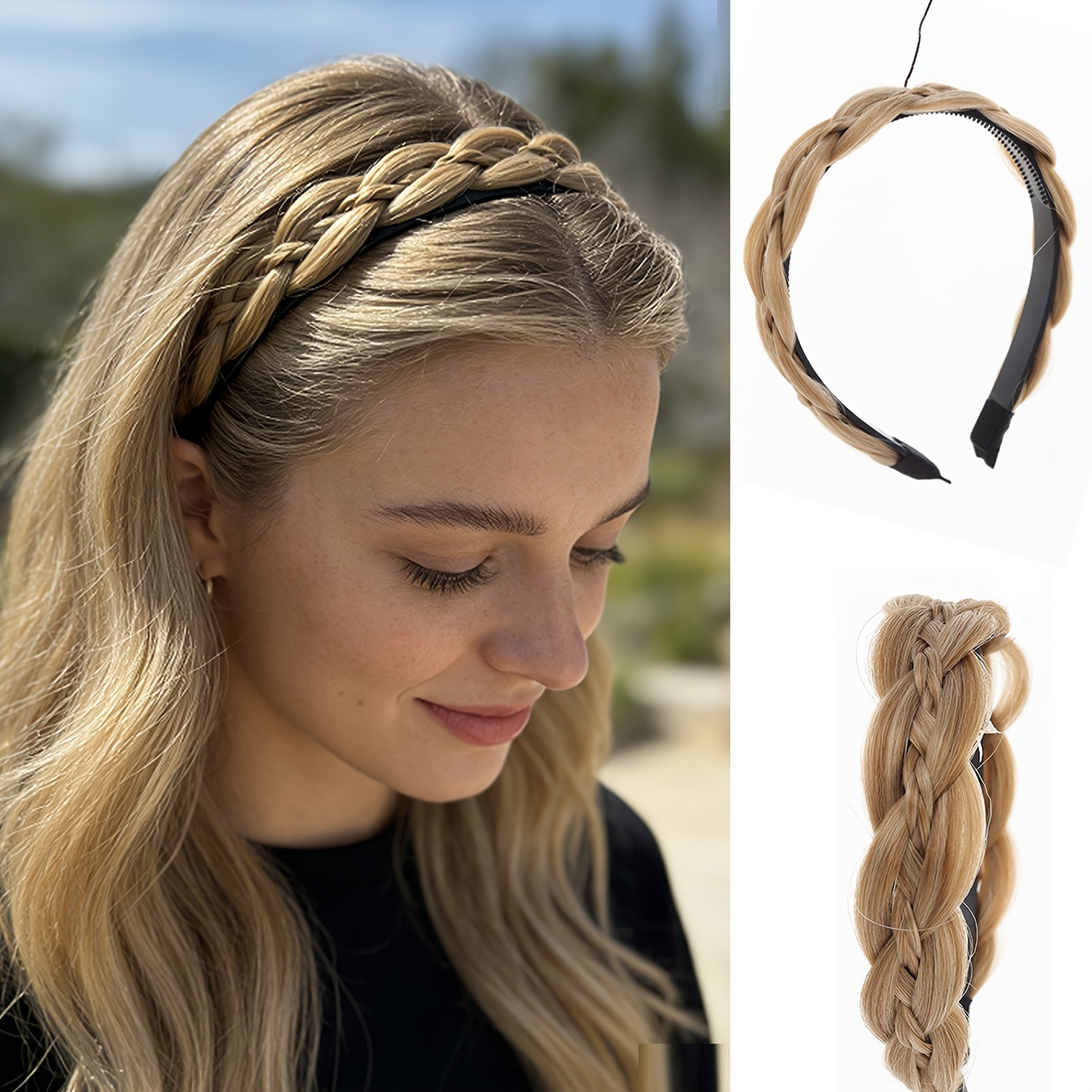 TEMU Bohemian Twisted Fishtail Headband Wig - 1pc Heat-resistant Synthetic Knitted Hair Band, Textured Braided Look, Daily Wear Headpiece For
