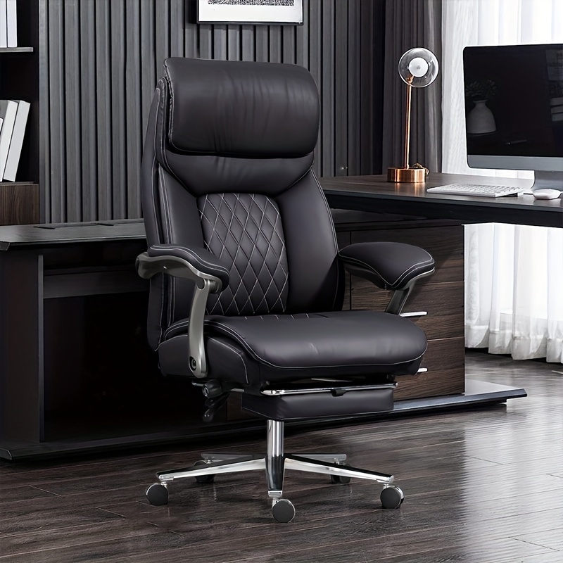 High-back Executive Chair With Folding Footrest Lumbar Support Reclining Design Comfortable Office Seat In Black And Brown