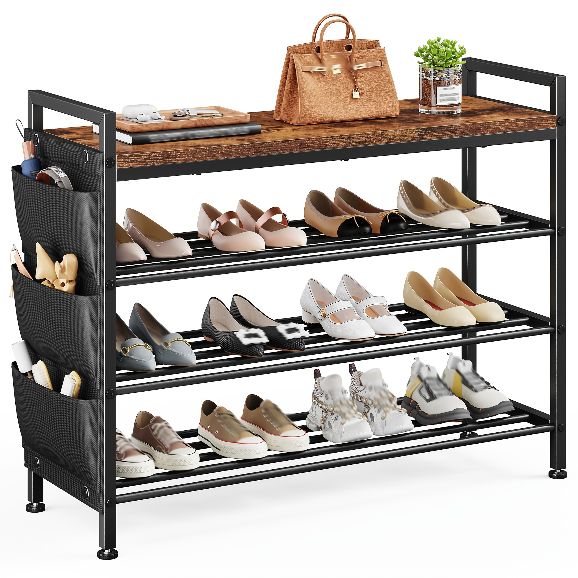 A Shoe Organizer Featuring Side Storage Pouches For Keeping And Showcasing Footwear, A Compact And Versatile Shoe Cabinet Ideal For The Living Room, Hallway, Bedroom, And Bathroom, In A End