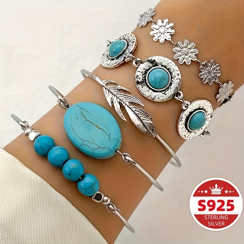 TEMU Set Of 5 S925 Sterling Silver Daisy Turquoise Bracelets - Trendy - Detailed - High-quality Women's Jewelry - Ideal Present For Her
