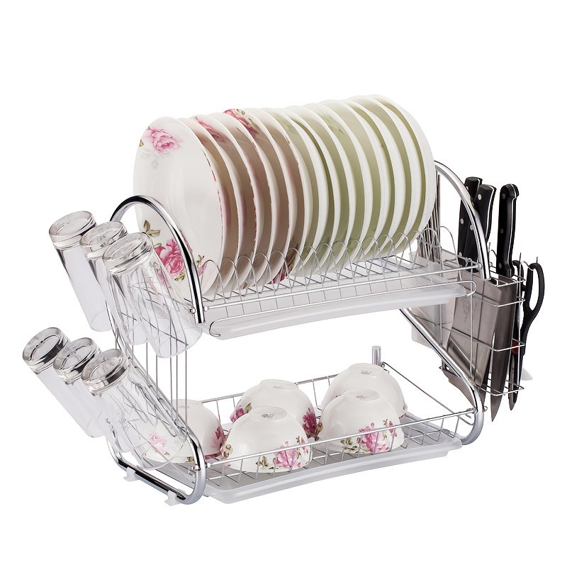 2 tier stainless steel dish drying rack with cutlery cup holders space saving   organizer heavy duty rust resistant design with drainage system for small kitchens dishwasher safe easy to clean countertop storage Product details 2