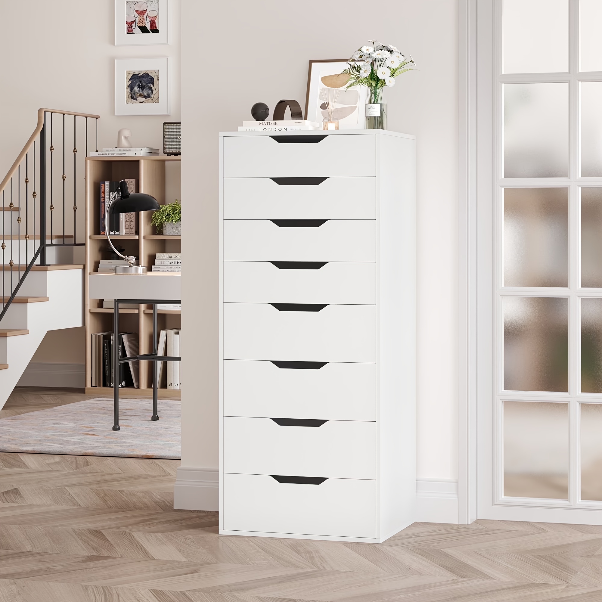 8 Drawer File Cabinet | Wood Filing Cabinet Under Desk, Vertical Small Filing Cabinet Fits Letter, Legal, A4 Size, Contemporary Hardwood, Floor Mount, Assembled, For Home Office