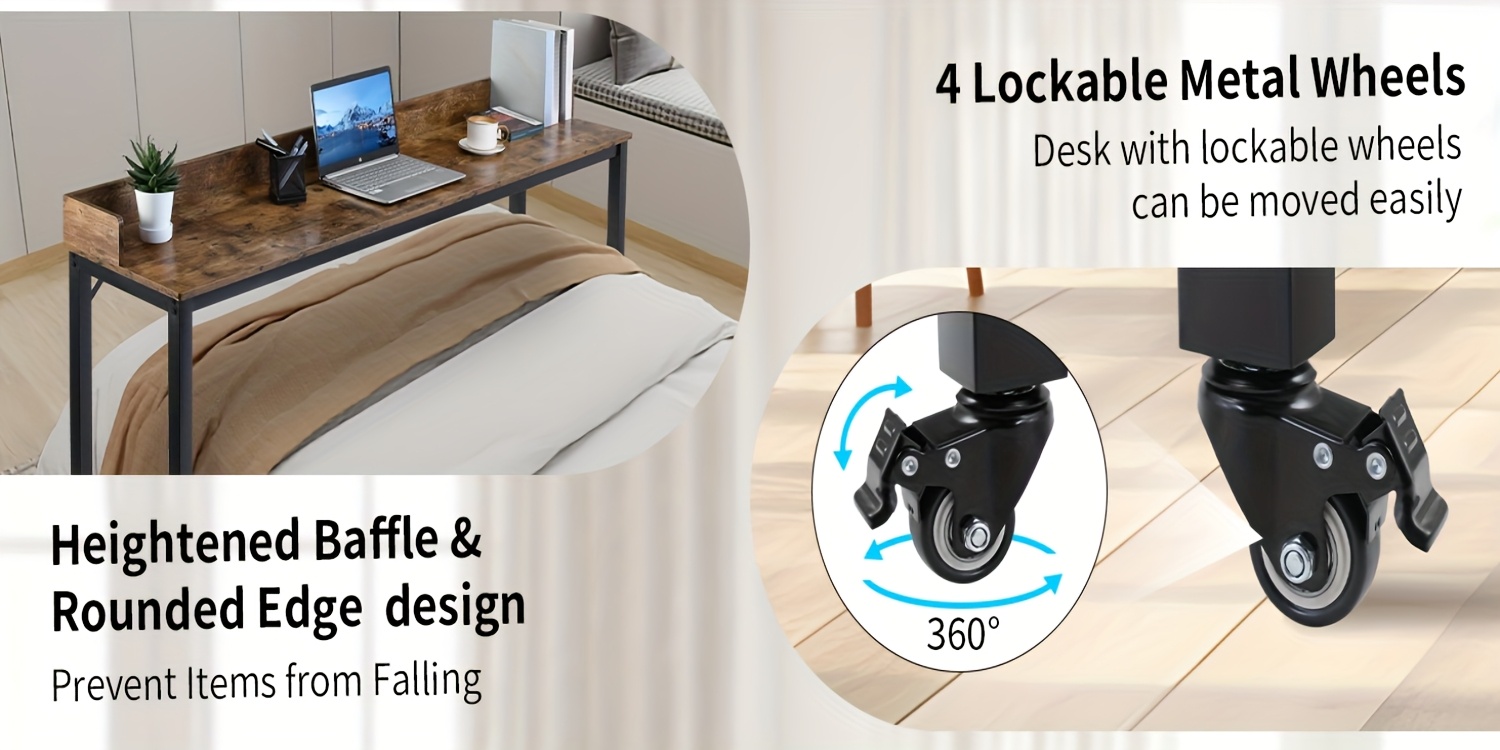 Mobile Bed Desk with 360° Wheels, Queen Size, Standing Workstation for Laptops, Overbed Table with Sturdy Metal Legs, Dining Table And Computer Desk