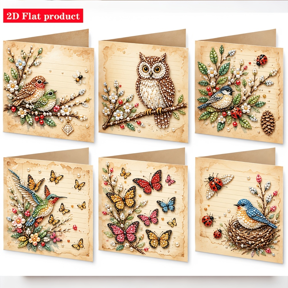 TEMU 6pcs 2d Flat Diy Pearl Diamond Painting Greeting Card Set, Featuring Bird, , Ladybug, Frog, Owl, And Floral Patterns, Irregular-shaped Acrylic