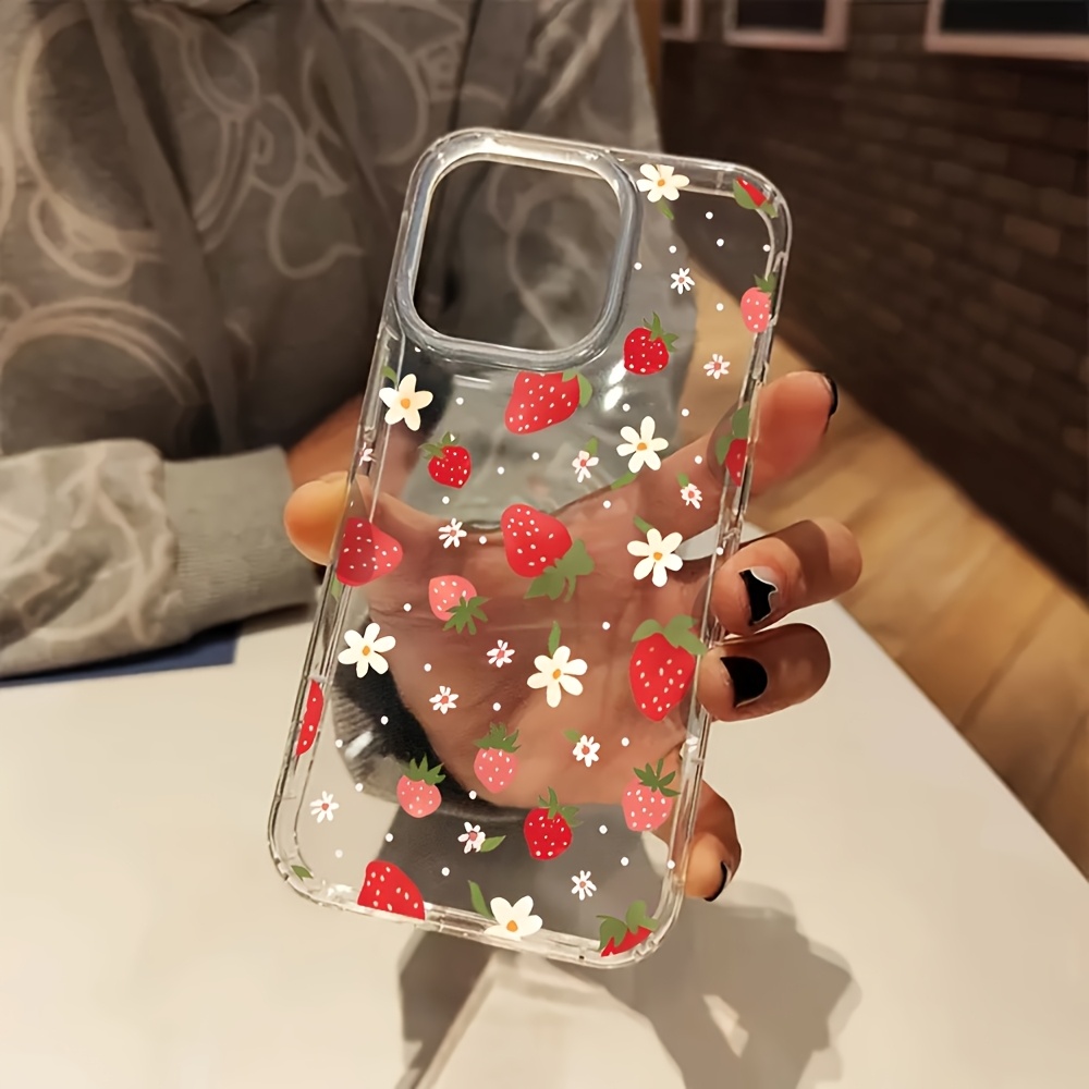 TEMU Phone Case: 1pc Strawberry Flower Aesthetic Transparent Full-coverage Drop-proof Phone Case, Suitable For Multiple Iphone Models Including